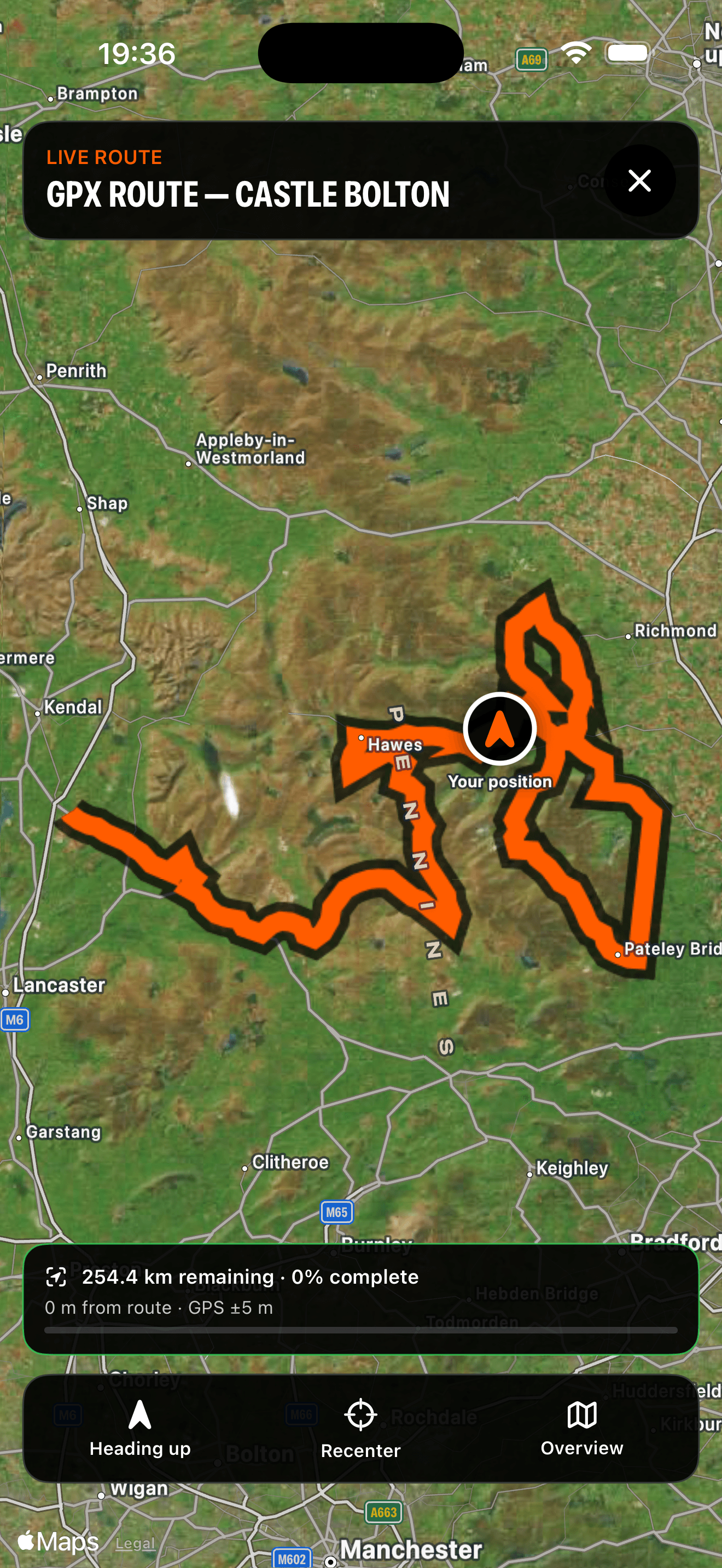 MXDuro iOS live GPX navigation showing Castle Bolton with a simulated rider position